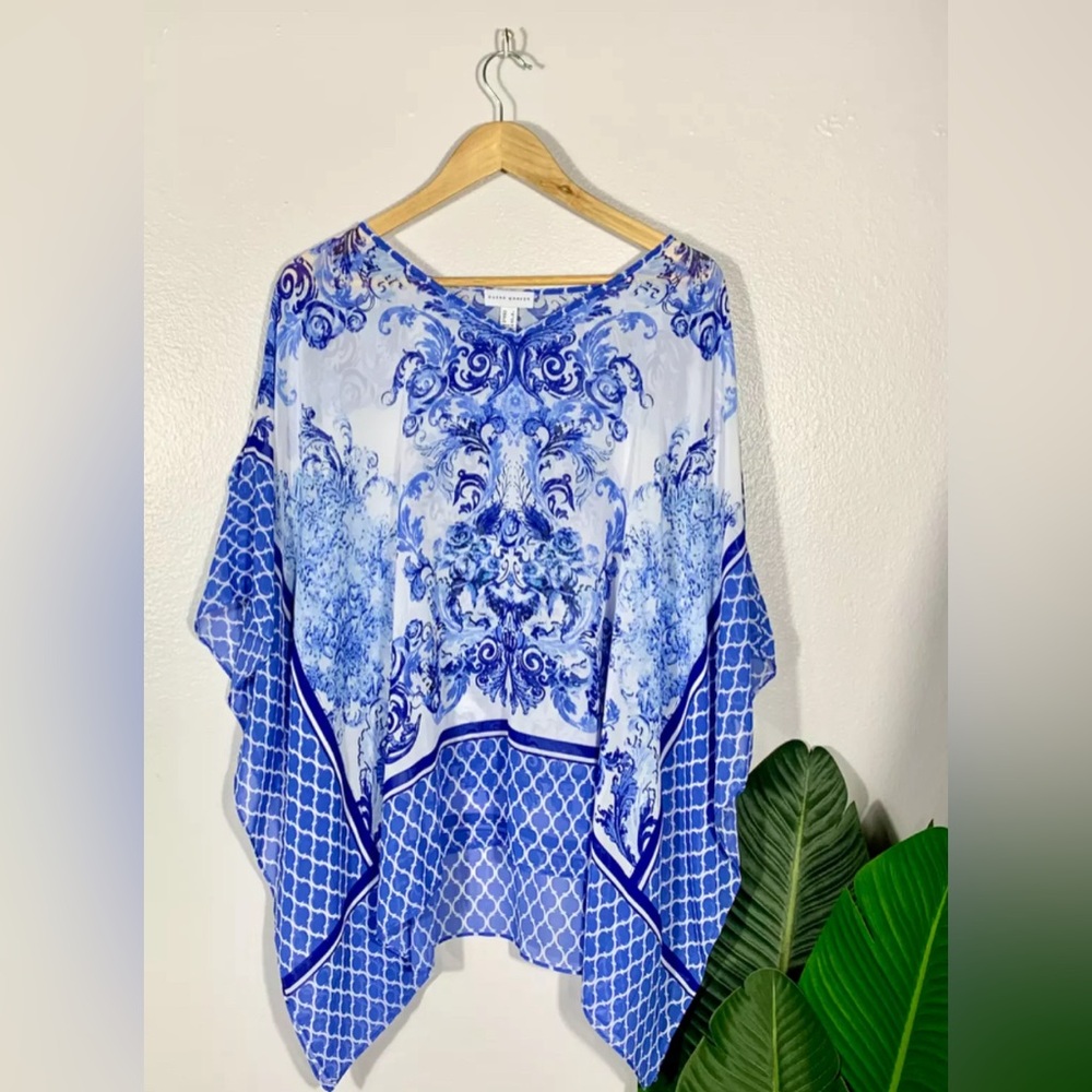 Susan Graver Blue Swimsuit Swimwear Sheer Poncho Top Cover up Cruise Beach Sz L